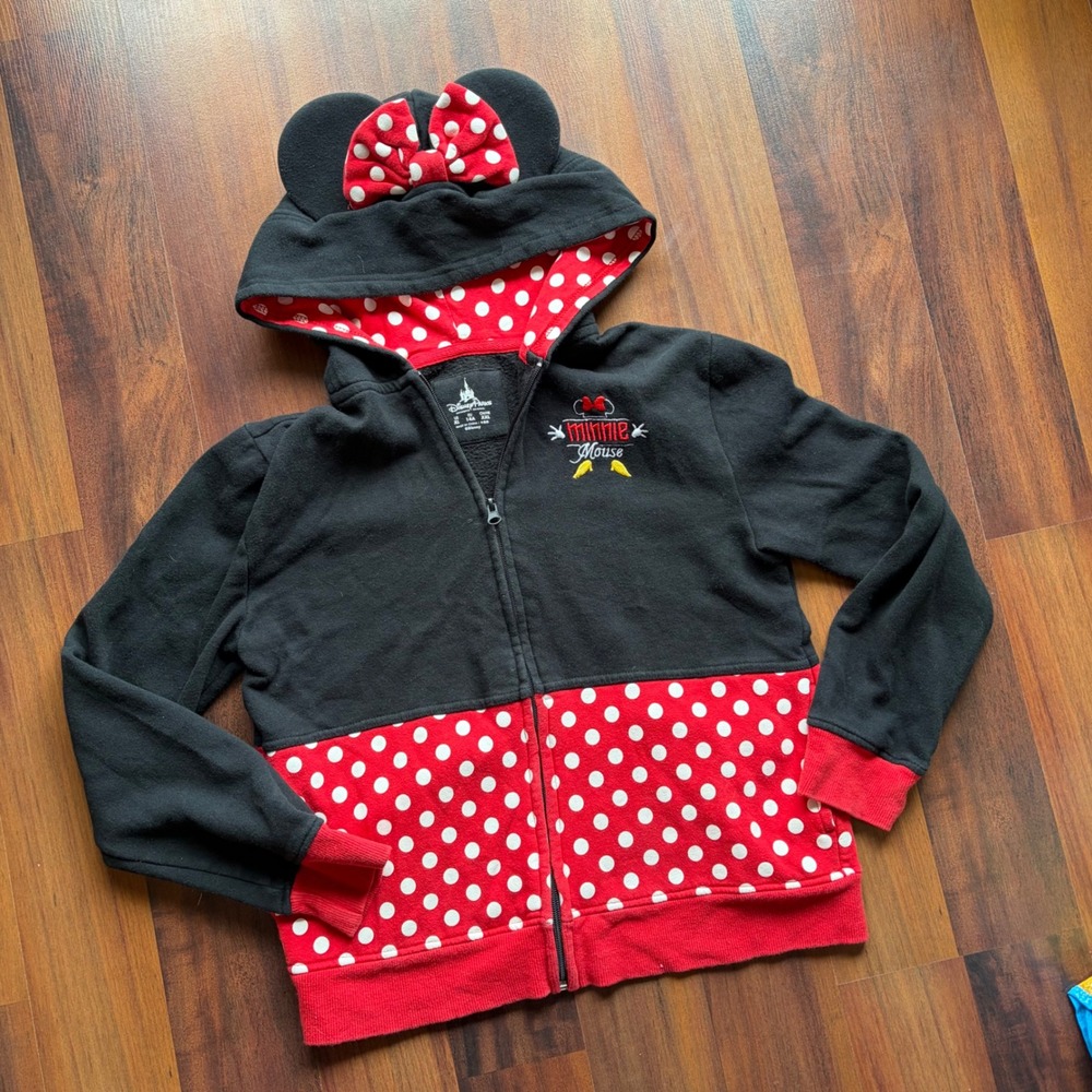 Disney Parks Minnie Mouse Girls XL Black Red Polka Dot Full Zip Hoodie Ears Bow